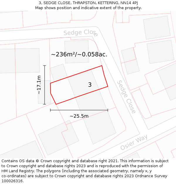 3, SEDGE CLOSE, THRAPSTON, KETTERING, NN14 4PJ: Plot and title map