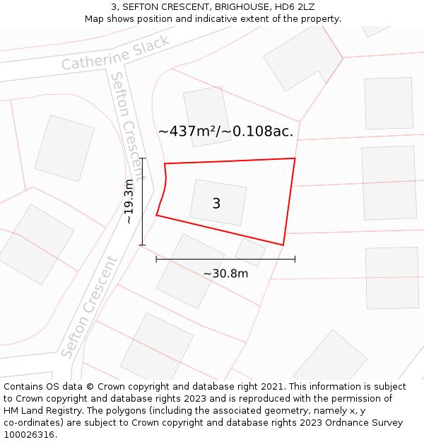 3, SEFTON CRESCENT, BRIGHOUSE, HD6 2LZ: Plot and title map