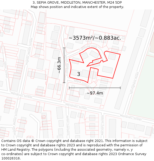 3, SEPIA GROVE, MIDDLETON, MANCHESTER, M24 5DP: Plot and title map