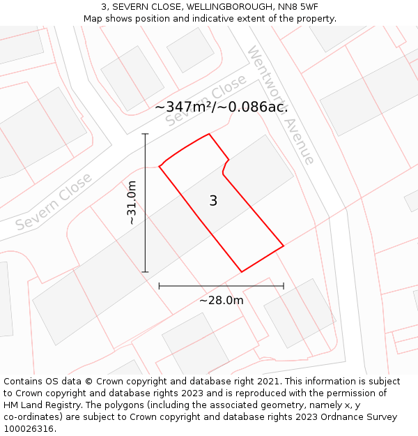 3, SEVERN CLOSE, WELLINGBOROUGH, NN8 5WF: Plot and title map