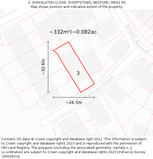 3, SHACKLETON CLOSE, SHORTSTOWN, BEDFORD, MK42 0FJ: Plot and title map