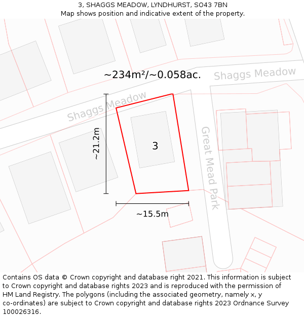 3, SHAGGS MEADOW, LYNDHURST, SO43 7BN: Plot and title map