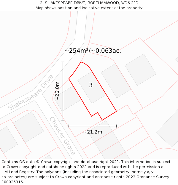 3, SHAKESPEARE DRIVE, BOREHAMWOOD, WD6 2FD: Plot and title map