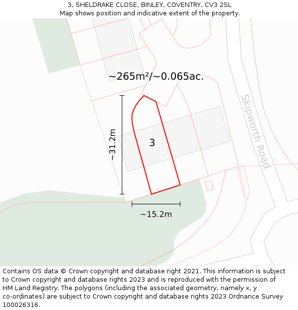 3, SHELDRAKE CLOSE, BINLEY, COVENTRY, CV3 2SL: Plot and title map