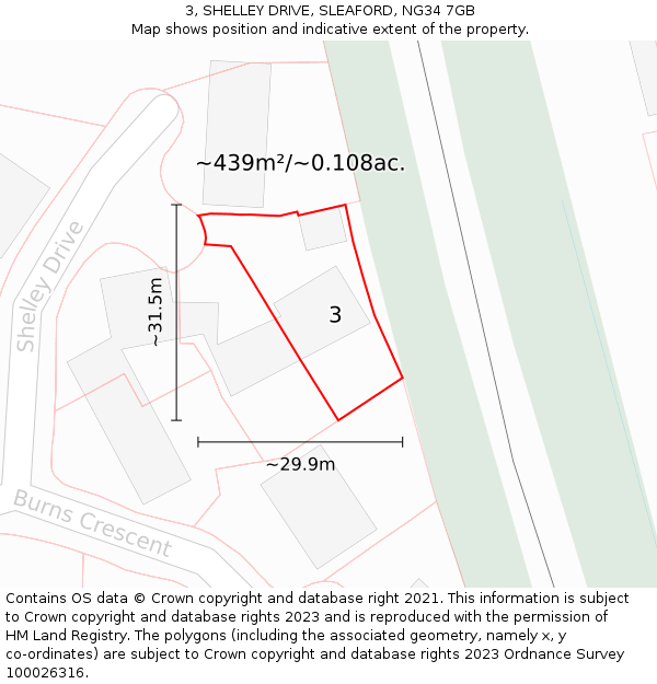 3, SHELLEY DRIVE, SLEAFORD, NG34 7GB: Plot and title map