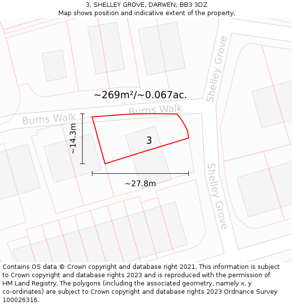 3, SHELLEY GROVE, DARWEN, BB3 3DZ: Plot and title map