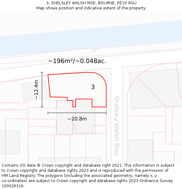 3, SHELSLEY WALSH RISE, BOURNE, PE10 9GU: Plot and title map