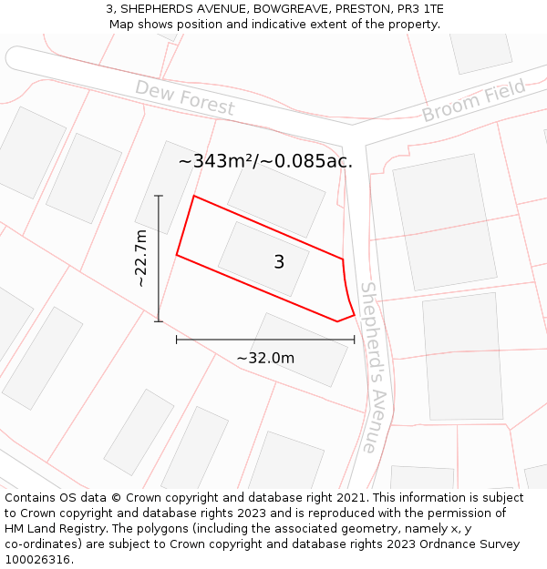 3, SHEPHERDS AVENUE, BOWGREAVE, PRESTON, PR3 1TE: Plot and title map