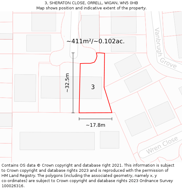 3, SHERATON CLOSE, ORRELL, WIGAN, WN5 0HB: Plot and title map