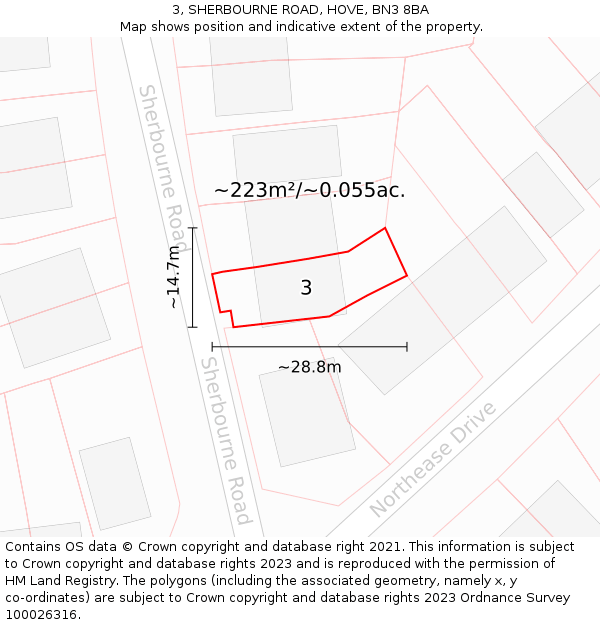 3, SHERBOURNE ROAD, HOVE, BN3 8BA: Plot and title map