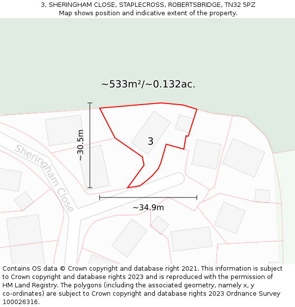 3, SHERINGHAM CLOSE, STAPLECROSS, ROBERTSBRIDGE, TN32 5PZ: Plot and title map