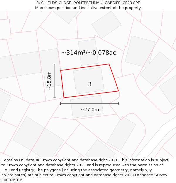 3, SHIELDS CLOSE, PONTPRENNAU, CARDIFF, CF23 8PE: Plot and title map