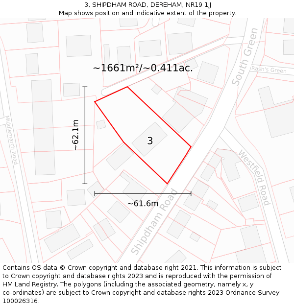 3, SHIPDHAM ROAD, DEREHAM, NR19 1JJ: Plot and title map