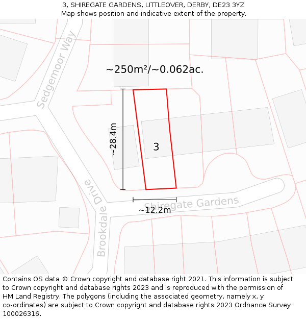 3, SHIREGATE GARDENS, LITTLEOVER, DERBY, DE23 3YZ: Plot and title map