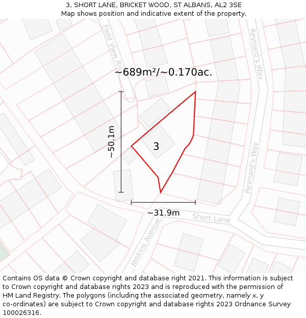 3, SHORT LANE, BRICKET WOOD, ST ALBANS, AL2 3SE: Plot and title map