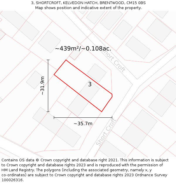 3, SHORTCROFT, KELVEDON HATCH, BRENTWOOD, CM15 0BS: Plot and title map