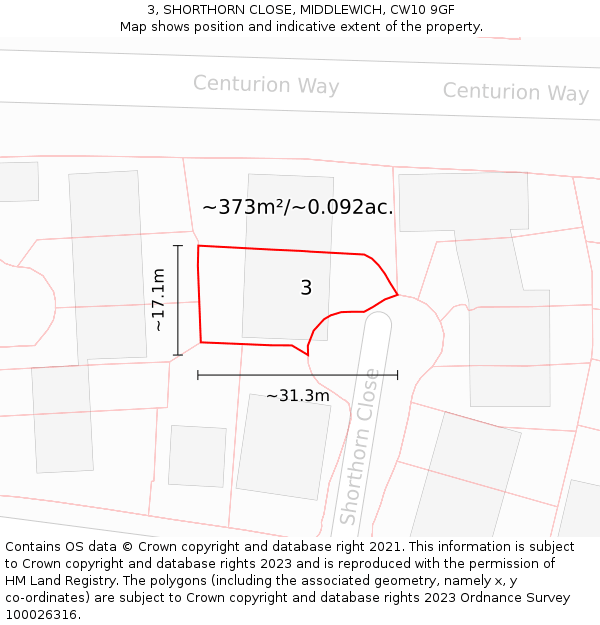 3, SHORTHORN CLOSE, MIDDLEWICH, CW10 9GF: Plot and title map