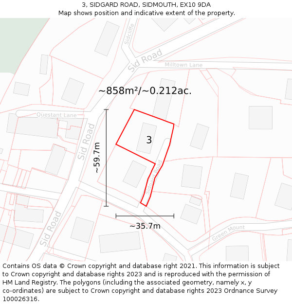 3, SIDGARD ROAD, SIDMOUTH, EX10 9DA: Plot and title map