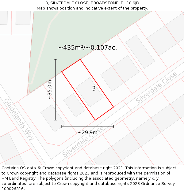 3, SILVERDALE CLOSE, BROADSTONE, BH18 9JD: Plot and title map
