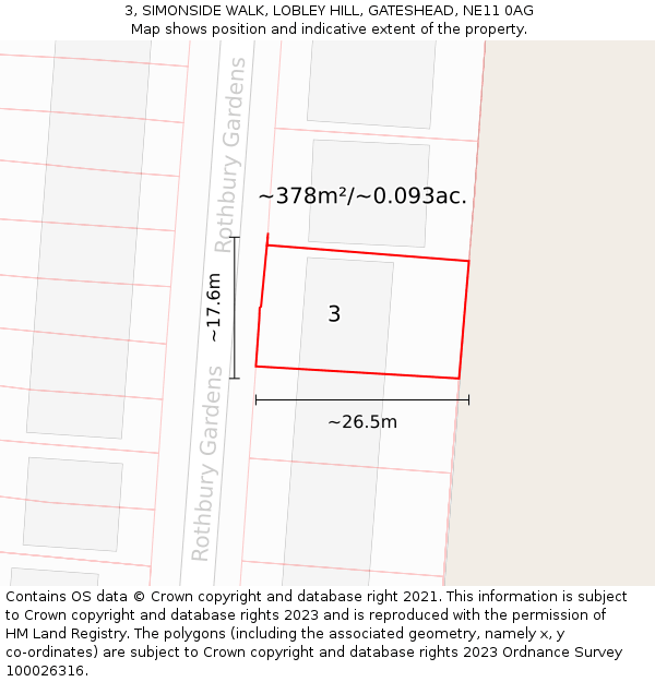 3, SIMONSIDE WALK, LOBLEY HILL, GATESHEAD, NE11 0AG: Plot and title map