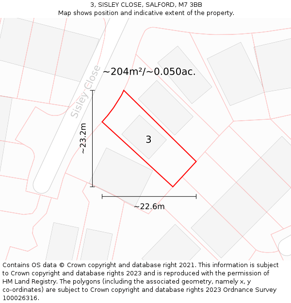 3, SISLEY CLOSE, SALFORD, M7 3BB: Plot and title map