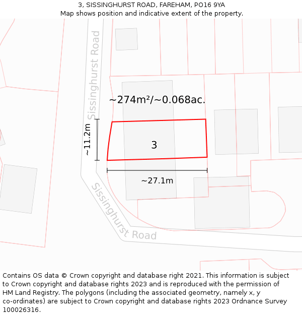 3, SISSINGHURST ROAD, FAREHAM, PO16 9YA: Plot and title map