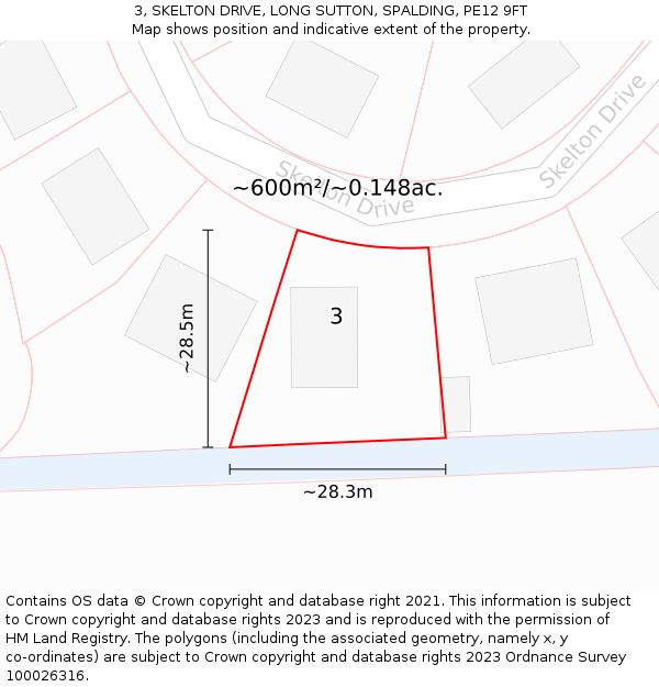 3, SKELTON DRIVE, LONG SUTTON, SPALDING, PE12 9FT: Plot and title map