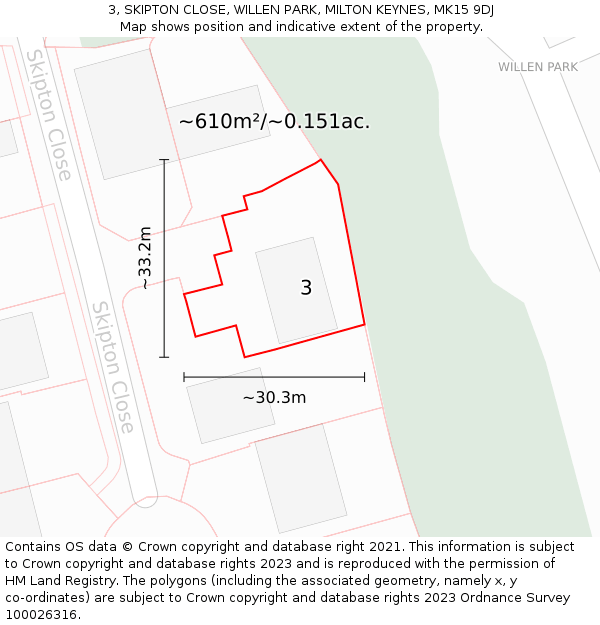 3, SKIPTON CLOSE, WILLEN PARK, MILTON KEYNES, MK15 9DJ: Plot and title map