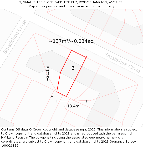 3, SMALLSHIRE CLOSE, WEDNESFIELD, WOLVERHAMPTON, WV11 3SL: Plot and title map