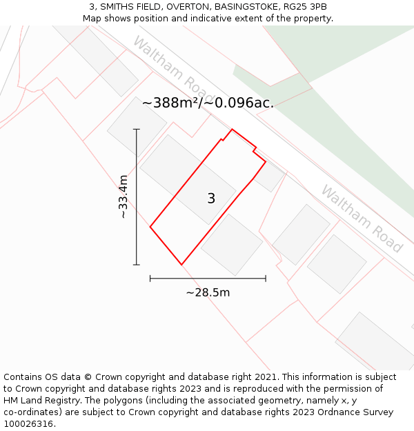 3, SMITHS FIELD, OVERTON, BASINGSTOKE, RG25 3PB: Plot and title map