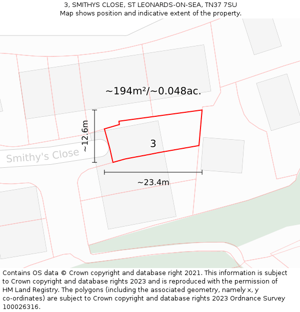 3, SMITHYS CLOSE, ST LEONARDS-ON-SEA, TN37 7SU: Plot and title map