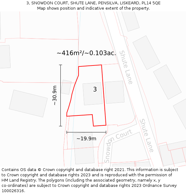 3, SNOWDON COURT, SHUTE LANE, PENSILVA, LISKEARD, PL14 5QE: Plot and title map