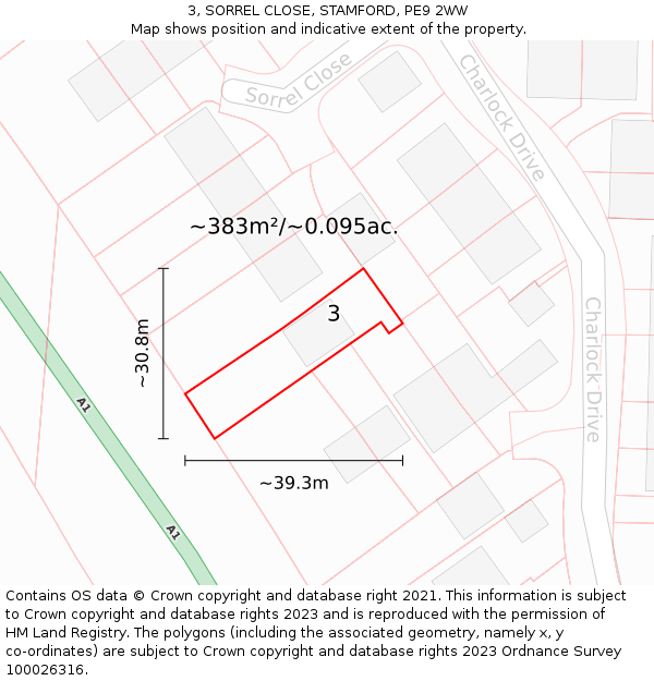 3, SORREL CLOSE, STAMFORD, PE9 2WW: Plot and title map