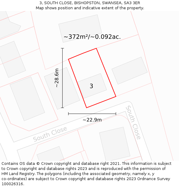 3, SOUTH CLOSE, BISHOPSTON, SWANSEA, SA3 3ER: Plot and title map
