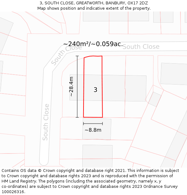 3, SOUTH CLOSE, GREATWORTH, BANBURY, OX17 2DZ: Plot and title map