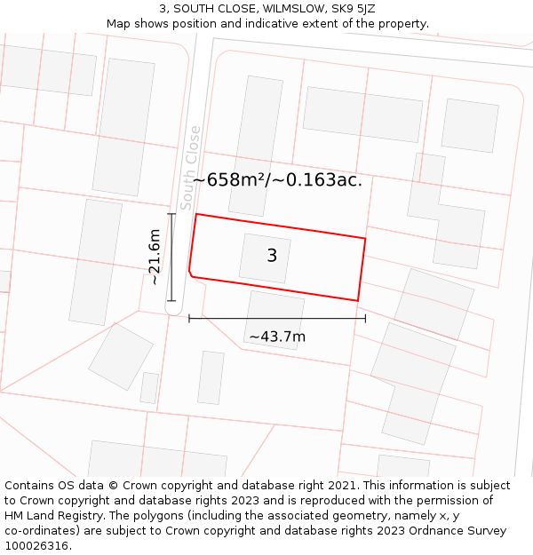 3, SOUTH CLOSE, WILMSLOW, SK9 5JZ: Plot and title map