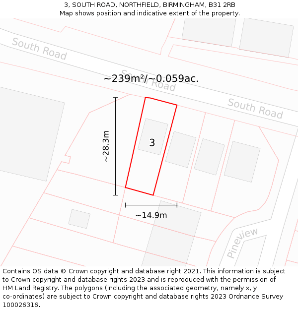 3, SOUTH ROAD, NORTHFIELD, BIRMINGHAM, B31 2RB: Plot and title map