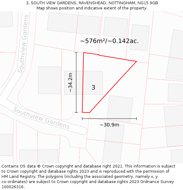 3, SOUTH VIEW GARDENS, RAVENSHEAD, NOTTINGHAM, NG15 9GB: Plot and title map