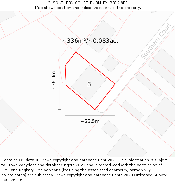 3, SOUTHERN COURT, BURNLEY, BB12 8BF: Plot and title map