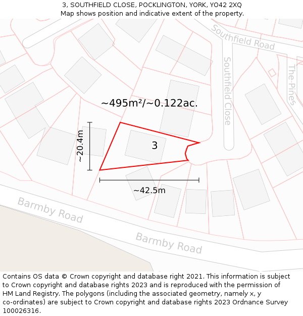 3, SOUTHFIELD CLOSE, POCKLINGTON, YORK, YO42 2XQ: Plot and title map