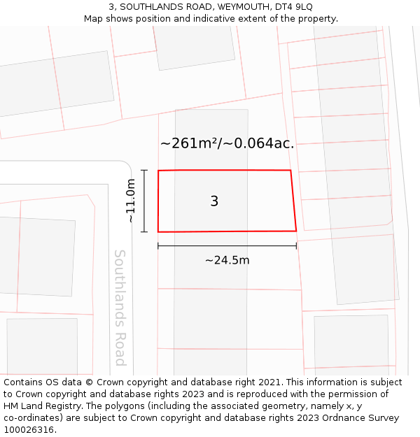 3, SOUTHLANDS ROAD, WEYMOUTH, DT4 9LQ: Plot and title map