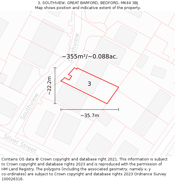 3, SOUTHVIEW, GREAT BARFORD, BEDFORD, MK44 3BJ: Plot and title map