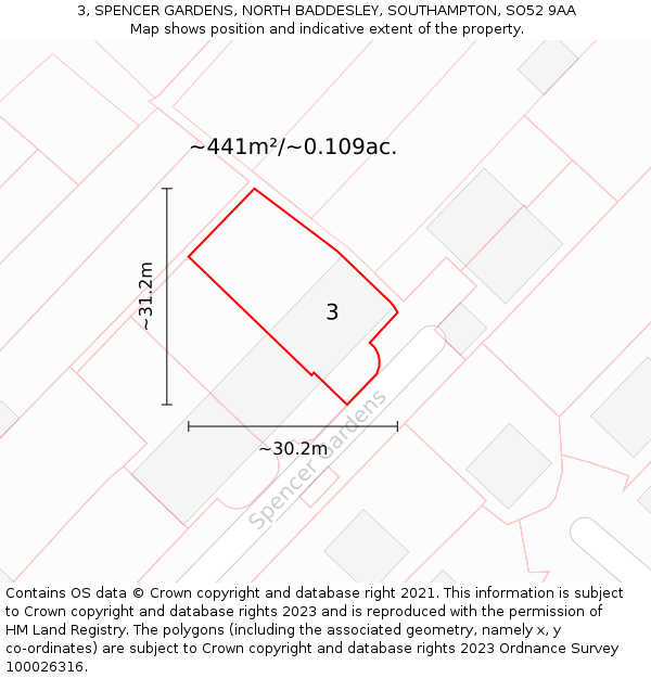 3, SPENCER GARDENS, NORTH BADDESLEY, SOUTHAMPTON, SO52 9AA: Plot and title map