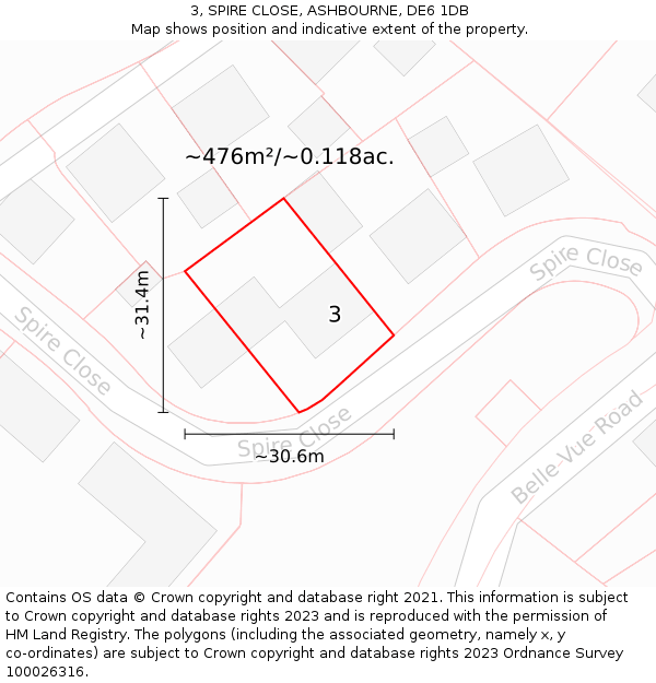 3, SPIRE CLOSE, ASHBOURNE, DE6 1DB: Plot and title map