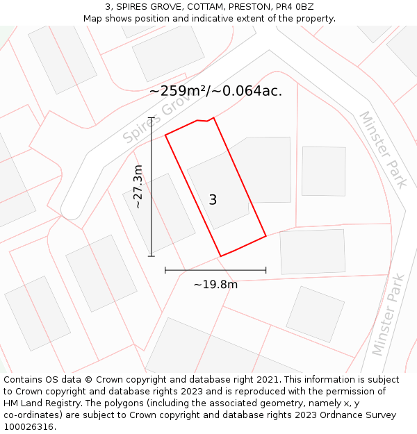 3, SPIRES GROVE, COTTAM, PRESTON, PR4 0BZ: Plot and title map