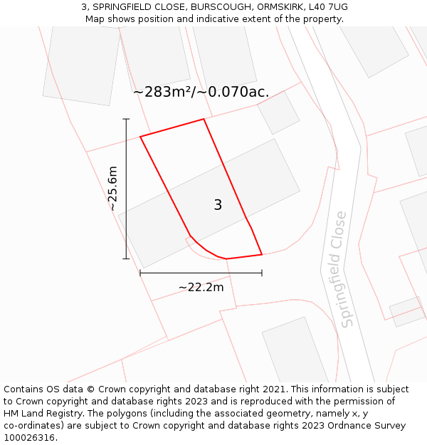 3, SPRINGFIELD CLOSE, BURSCOUGH, ORMSKIRK, L40 7UG: Plot and title map