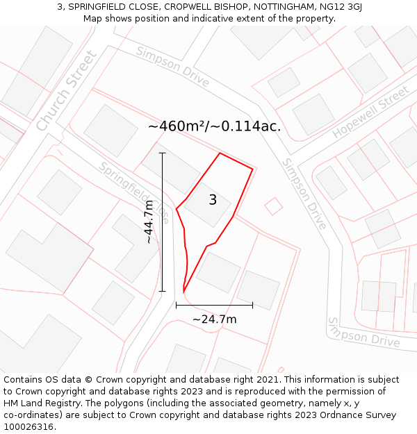 3, SPRINGFIELD CLOSE, CROPWELL BISHOP, NOTTINGHAM, NG12 3GJ: Plot and title map