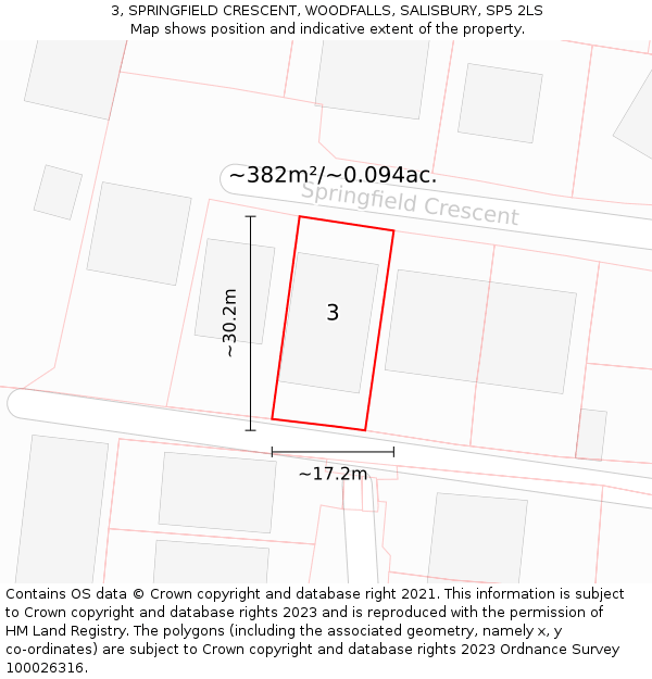 3, SPRINGFIELD CRESCENT, WOODFALLS, SALISBURY, SP5 2LS: Plot and title map