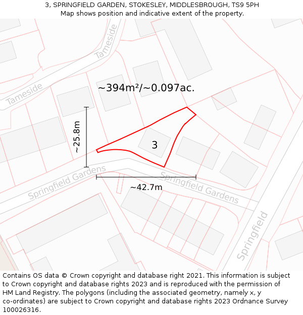 3, SPRINGFIELD GARDEN, STOKESLEY, MIDDLESBROUGH, TS9 5PH: Plot and title map