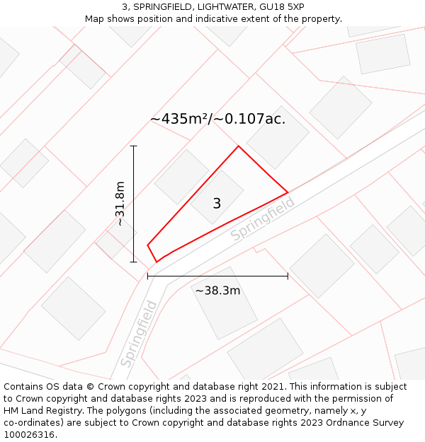 3, SPRINGFIELD, LIGHTWATER, GU18 5XP: Plot and title map